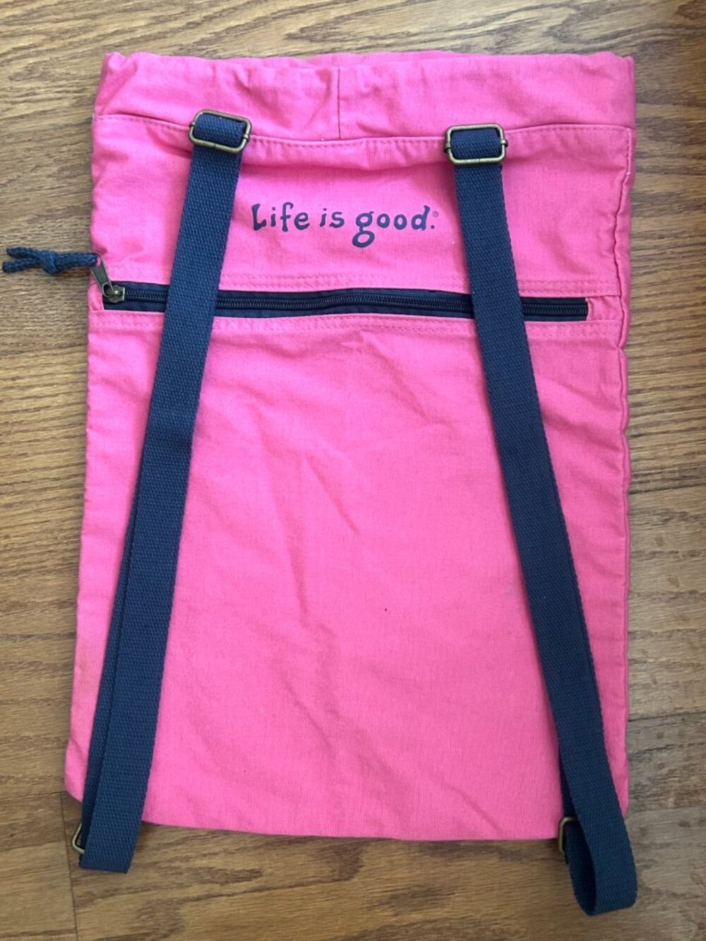 NWOT Life is Good Canvas Drawstring Backpack Daisy Logo Camp Overnight School Ne - Picture 5 of 11